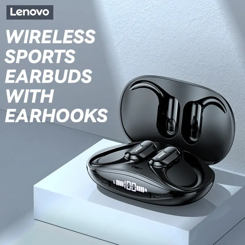 Lenovo XT80 headphone olahraga nirkabel dengan mikrofon, kontrol tombol, tampilan daya LED, suara Stereo Hifi