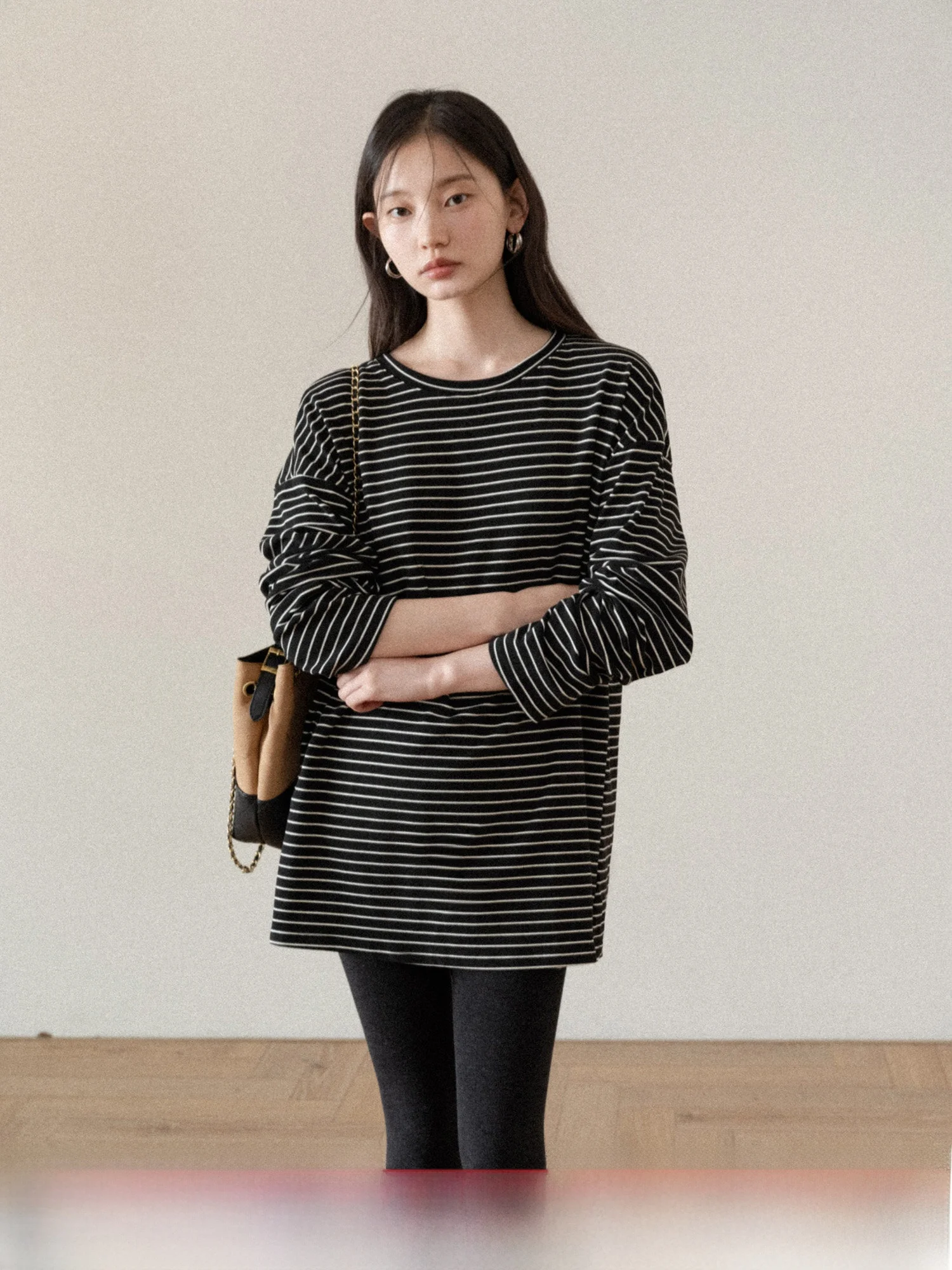 

Retro Striped Color Blo Long Sve T-irt Women's Winter Loose Versatile Base Layer Top Casual Sle Polyester Fiber