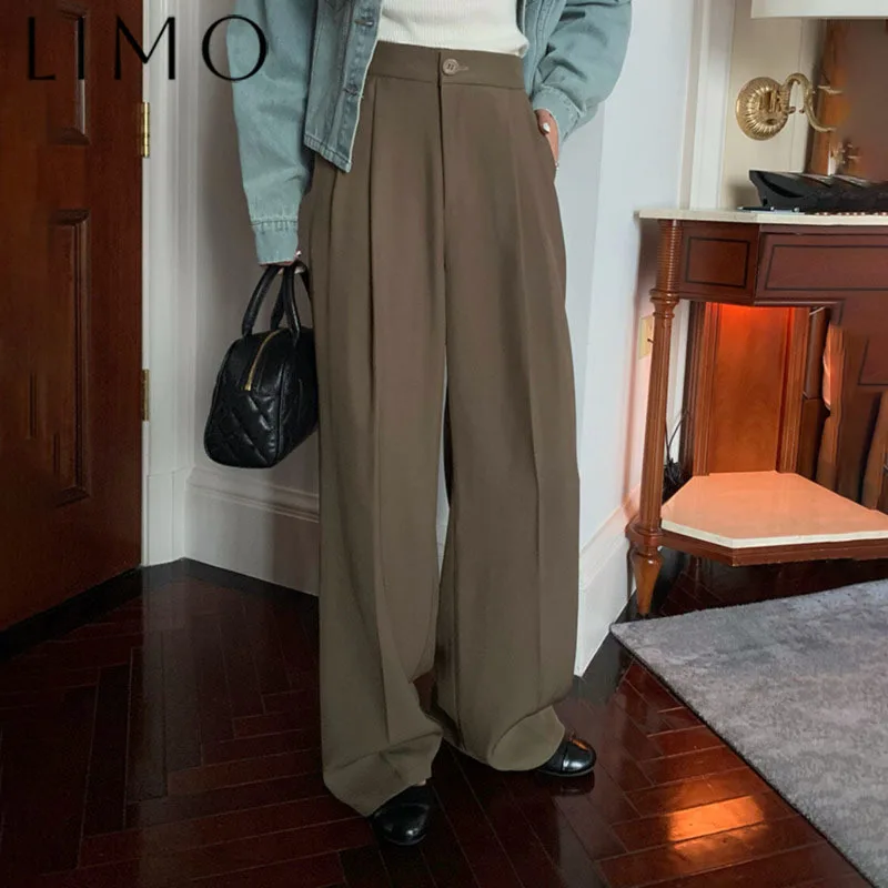 

LIMO Casual Wide Leg Straight Suit Pants Floor Length Solid Color Draped Pockets Chic Elegant Minimalist Spring Summer 2025