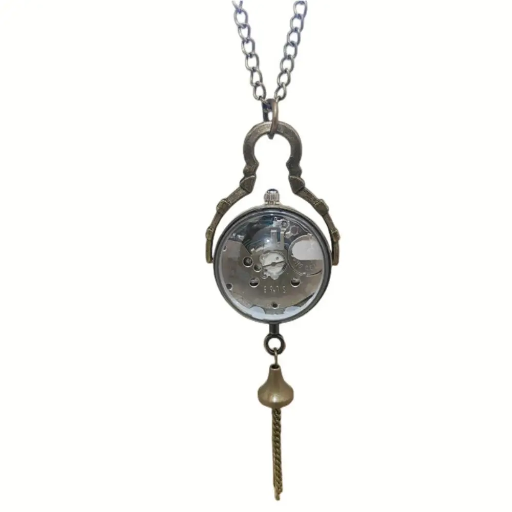 Fashion Transparent Pocket Watch Bronze Ball Shape Vintage Quartz Fob Retro Tassel Necklace Clock Unisex