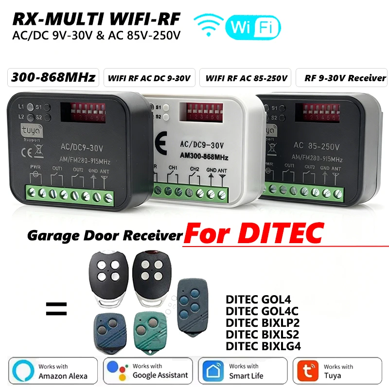 

Приемник Wi-Fi RX MULTI Tuya 300-868 МГц для пульта дистанционного управления гаражными воротами DITEC GOL4 GOL4C BIXLP2 BIXLS2 BIXLS2 BIXLG4