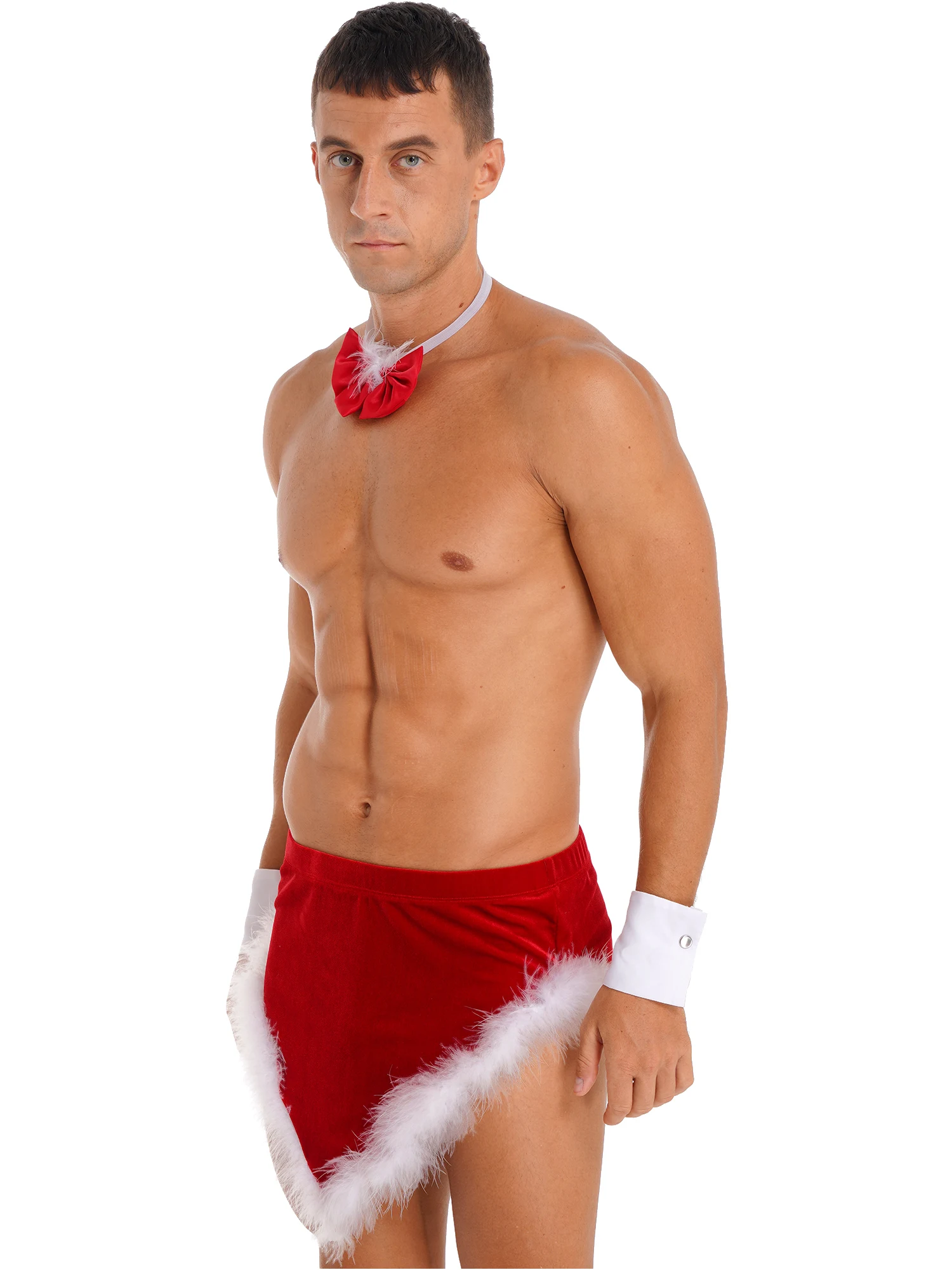 Men\'s Christmas Santa Claus Costume Bow Tie Collar Mini Skirt with Cuffs Xmas Holiday Cosplay Underwear Lingerie Set Pajamas