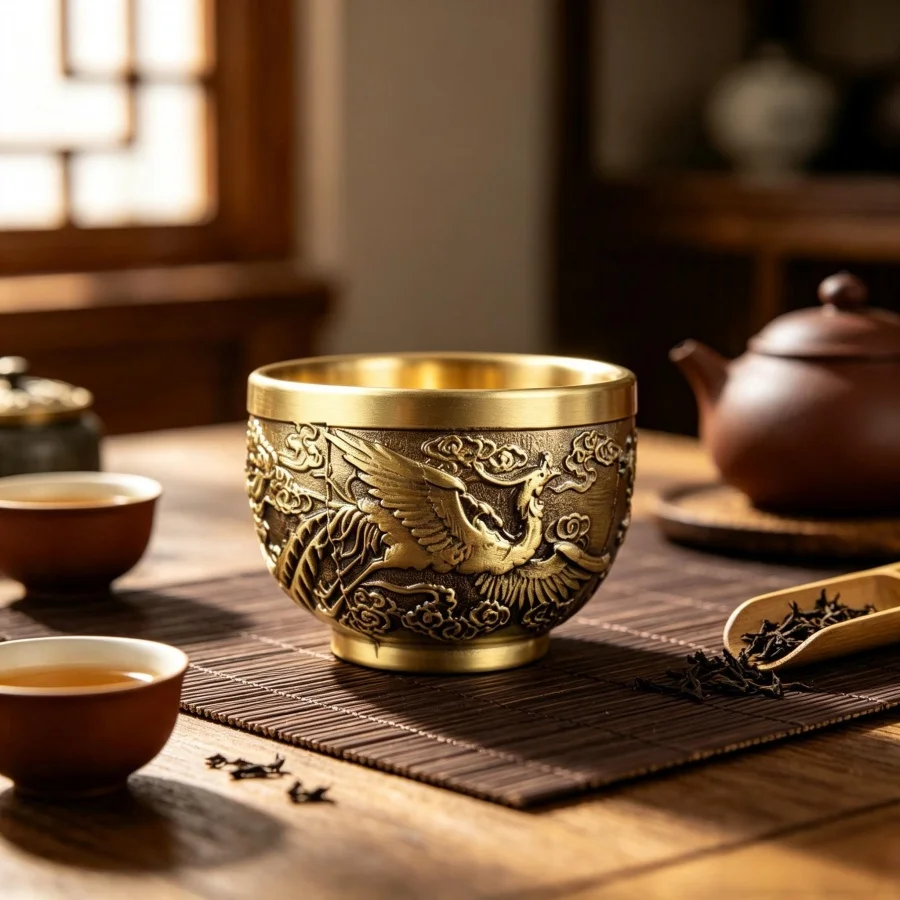 Thickened Brass Dragon Phoenix Blessing Cup Chinese Style Pure Copper Tea Wine Cup Home Office Desktop Ornament Business Gift