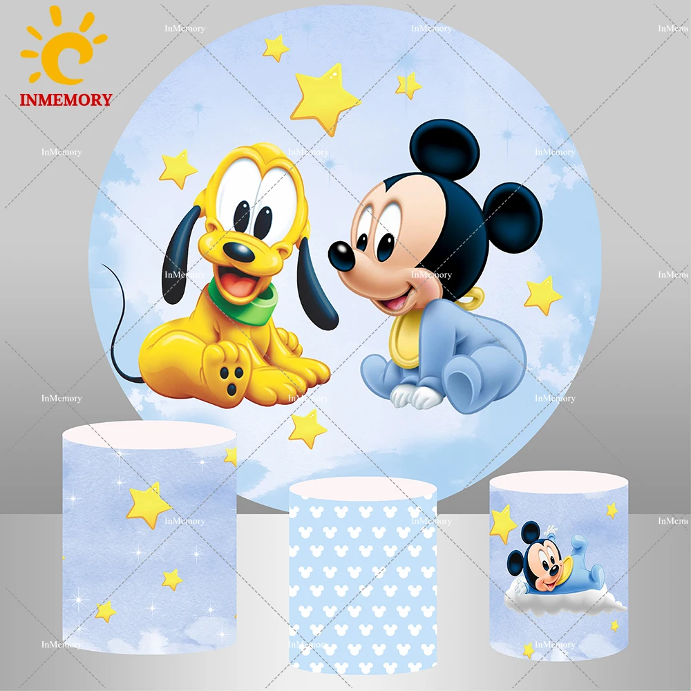 Blue Mickey Mouse Circle Backdrop Cover for Kids Baby Shower Party Decoration Stars Round Background Candy Table Plinth Covers