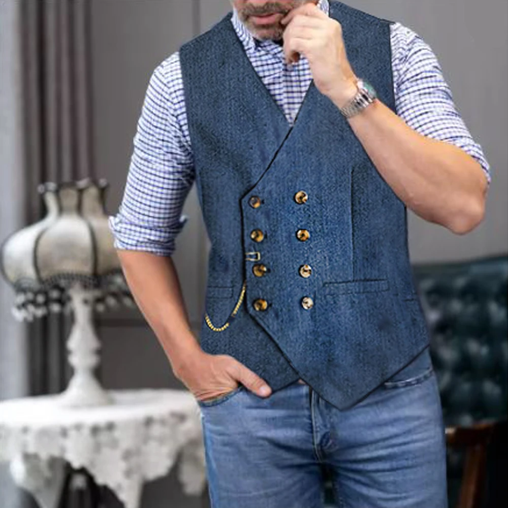 

Men's Suit Vest Herringbone Pattern Retro British Style Double Breasted Waistcoat Four Season Outerwear Wedding Party traveling