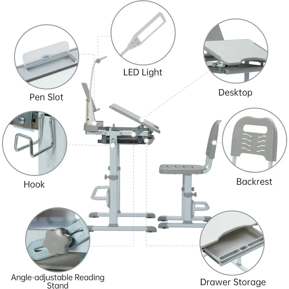 Escritorio y silla de altura ajustable para niños, mesa resistente para estudiantes de escuela, color gris