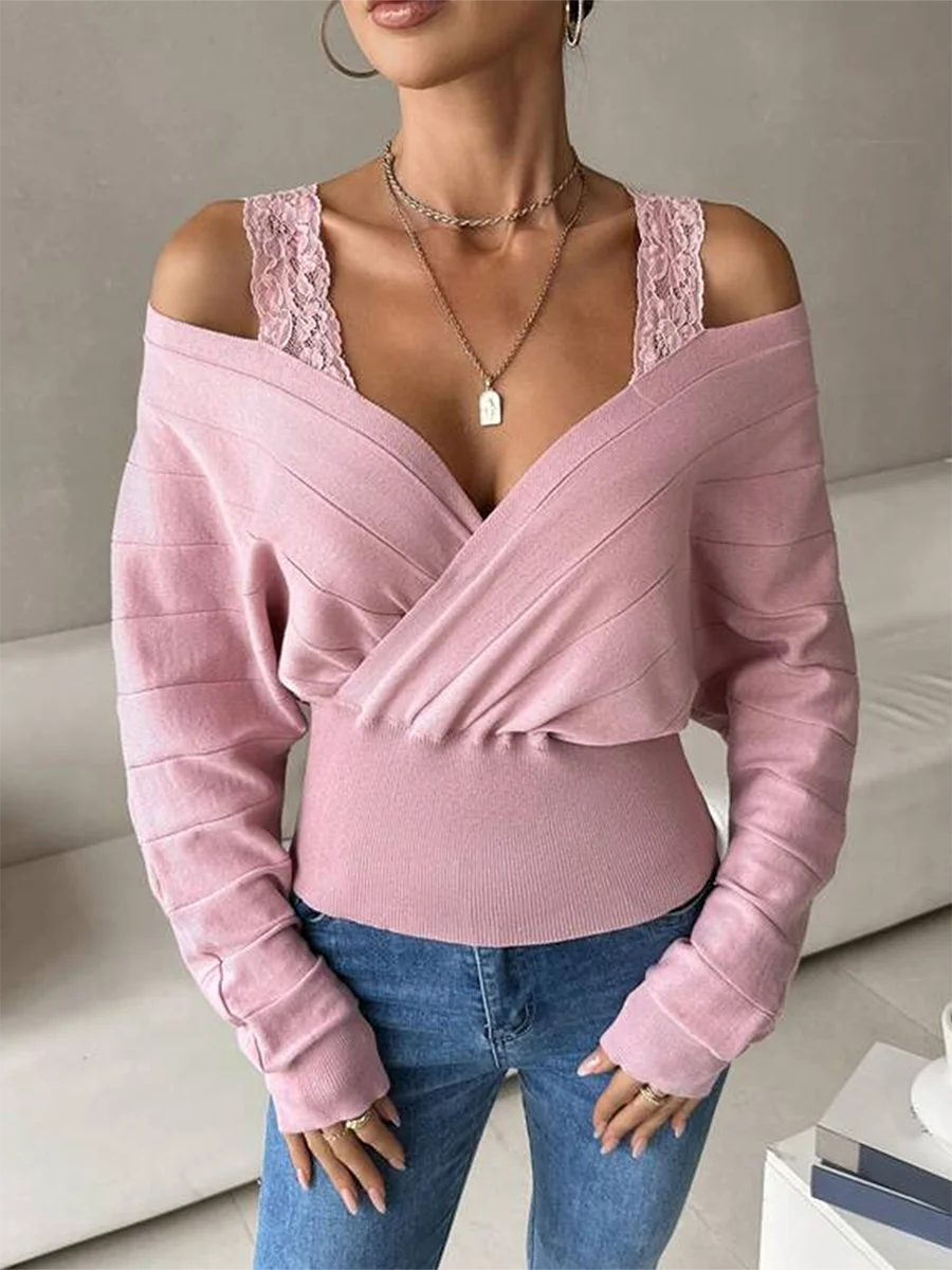 Women s Cold Shoulder Sweaters Long Sleeve Wrap V Neck Solid Color Knit Tops Loose Jumpers