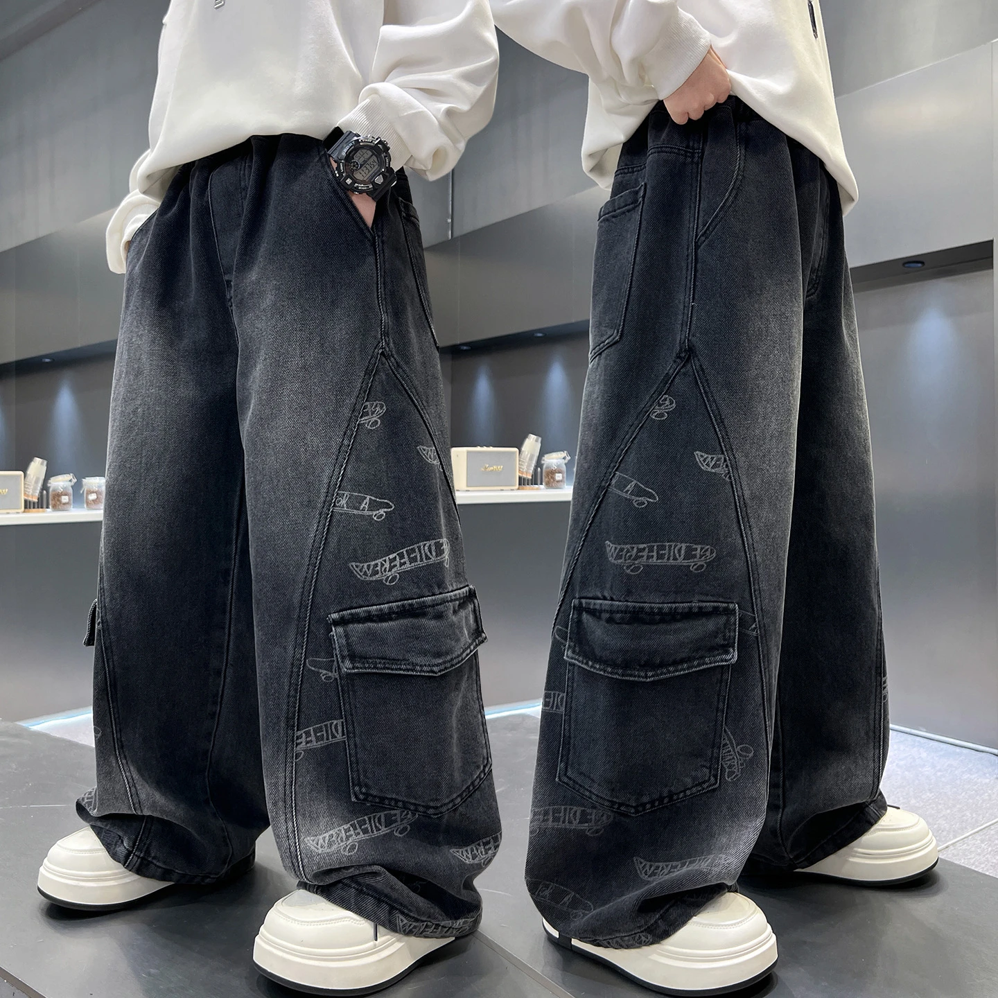 High Quality Kids Heavy Work Baggy Cargo Jeans for Teens Boy Loose Fit Pocket Denim Pants Tweens Child Fashion Jeans Trousers