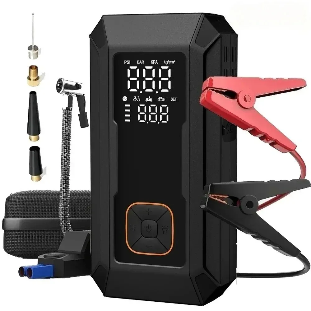 Démarreur de voiture avec compresseur d'air 4000A, booster de batterie, pompe à air 150 PSI, 16000 mAh (essence 10.0L/diesel 8.0L), batterie externe portable
