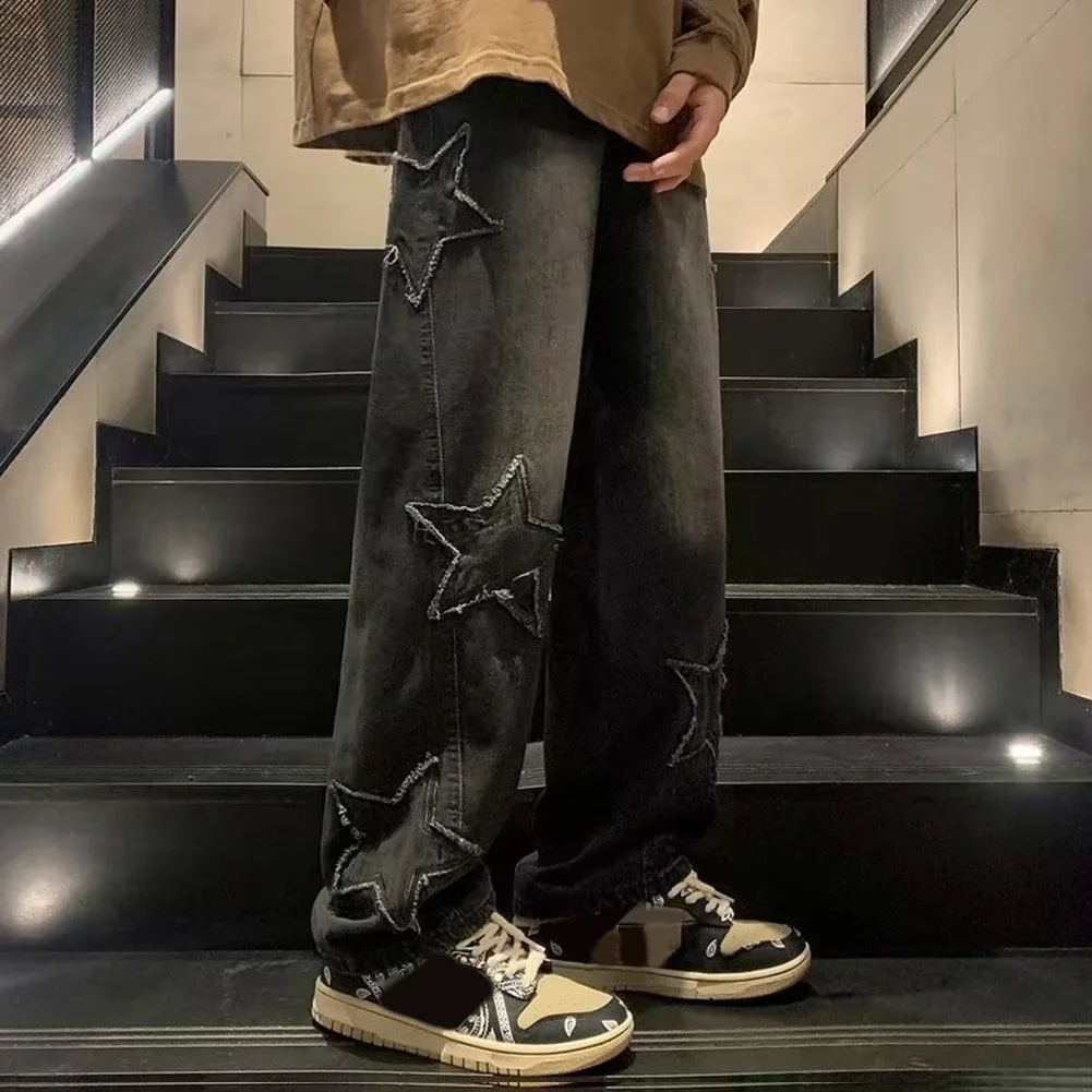 Wyróżnij się z tłumu dzięki męskimi spodniami Y2K Vintage Korean Streetwear z szerokimi nogawkami Star Aesthetic Straight Trousers