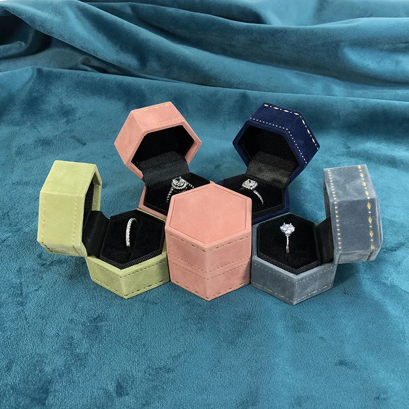 New Hexagonal Velvet Ring Box for Engagement Proposal Wedding Ring Box Jewelry Storage Display Case Vintage High-end Jewelry Box