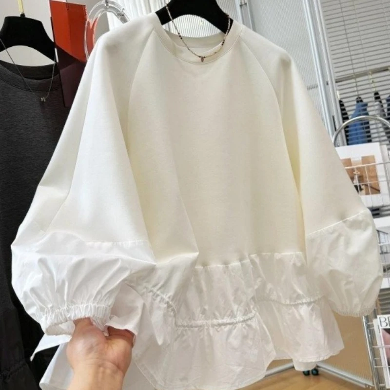 

2026 Season New Hot Selling Loose Solid Color Lazy Style Round Neck Design Cotton Splicing Hem Hoodie for Women