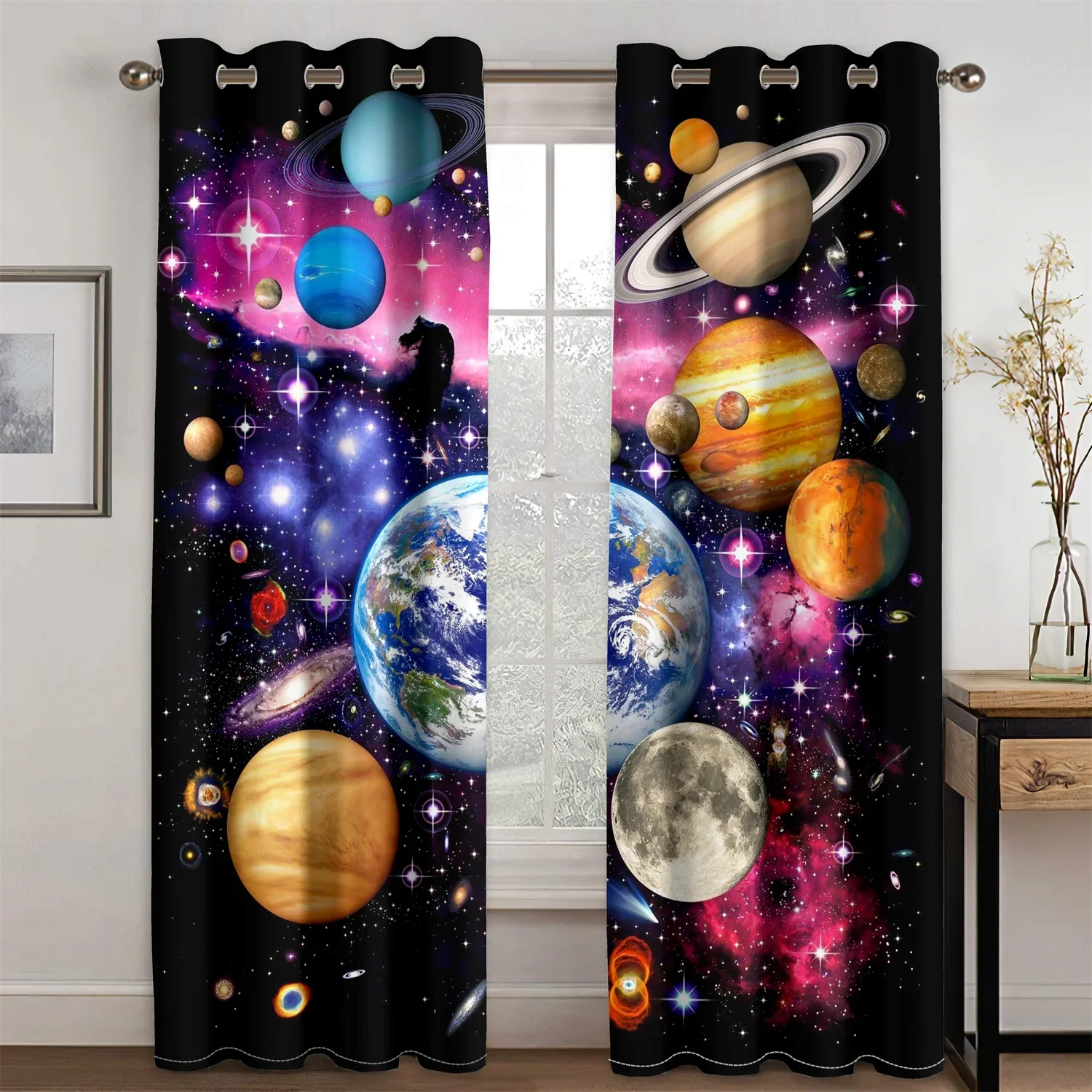 3D Galaxy Outer Space Universe Nebula Starry Sky Solar Planet 2 Pieces Shading Window Curtain for Living Room Bedroom Decor Hook