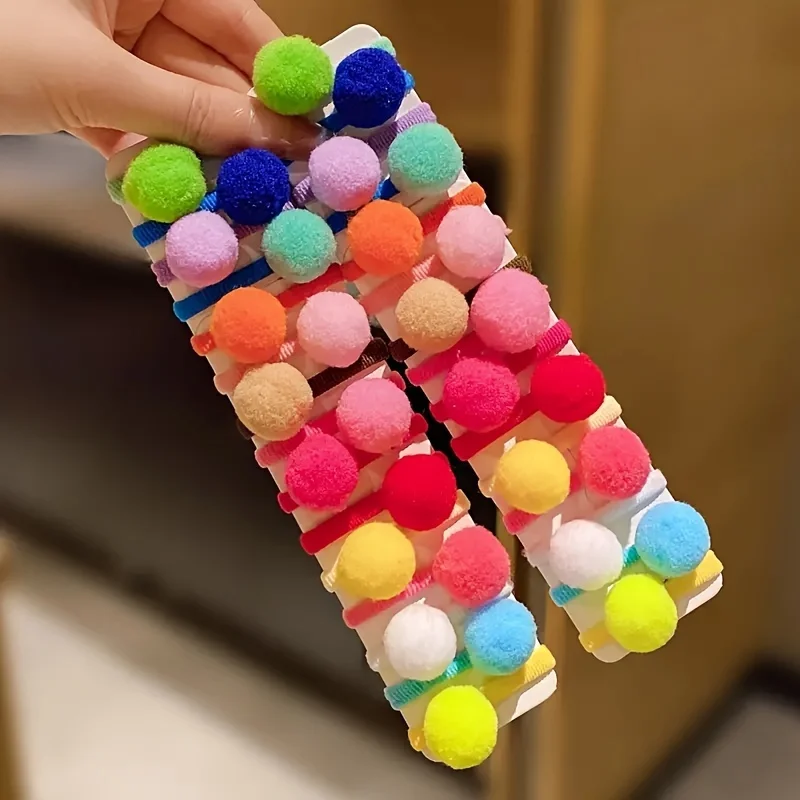 15/30Pcs Pom Pom Hair Tie Set Vibrant Color High Elastic Durable Hair Accessories One Size for Daily Wear