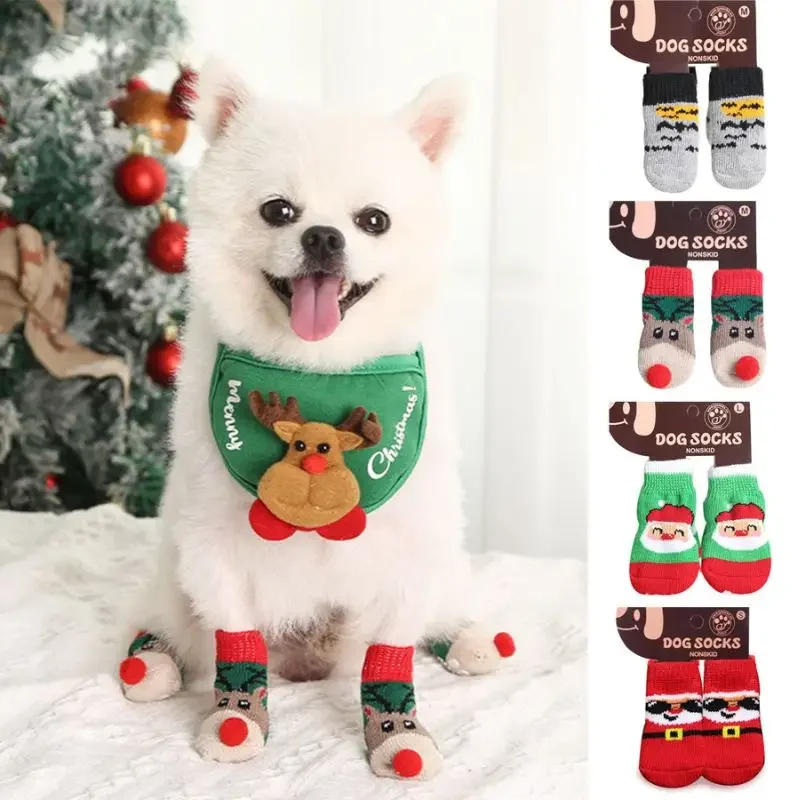 

4Pcs Christmas Winter Dog Socks Pet Socks Pet Cotton Short Socks for Holiday Anti Slip Shoes Puppy Paw Protector Booties Gift