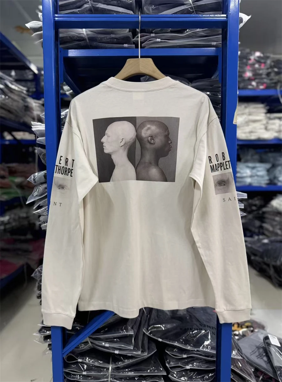 Vintage SAINT Double Shadow Pattern Printed Long Sleeve T-shirt Washed High Street Cotton Casual Loose Simple Comfortable Men