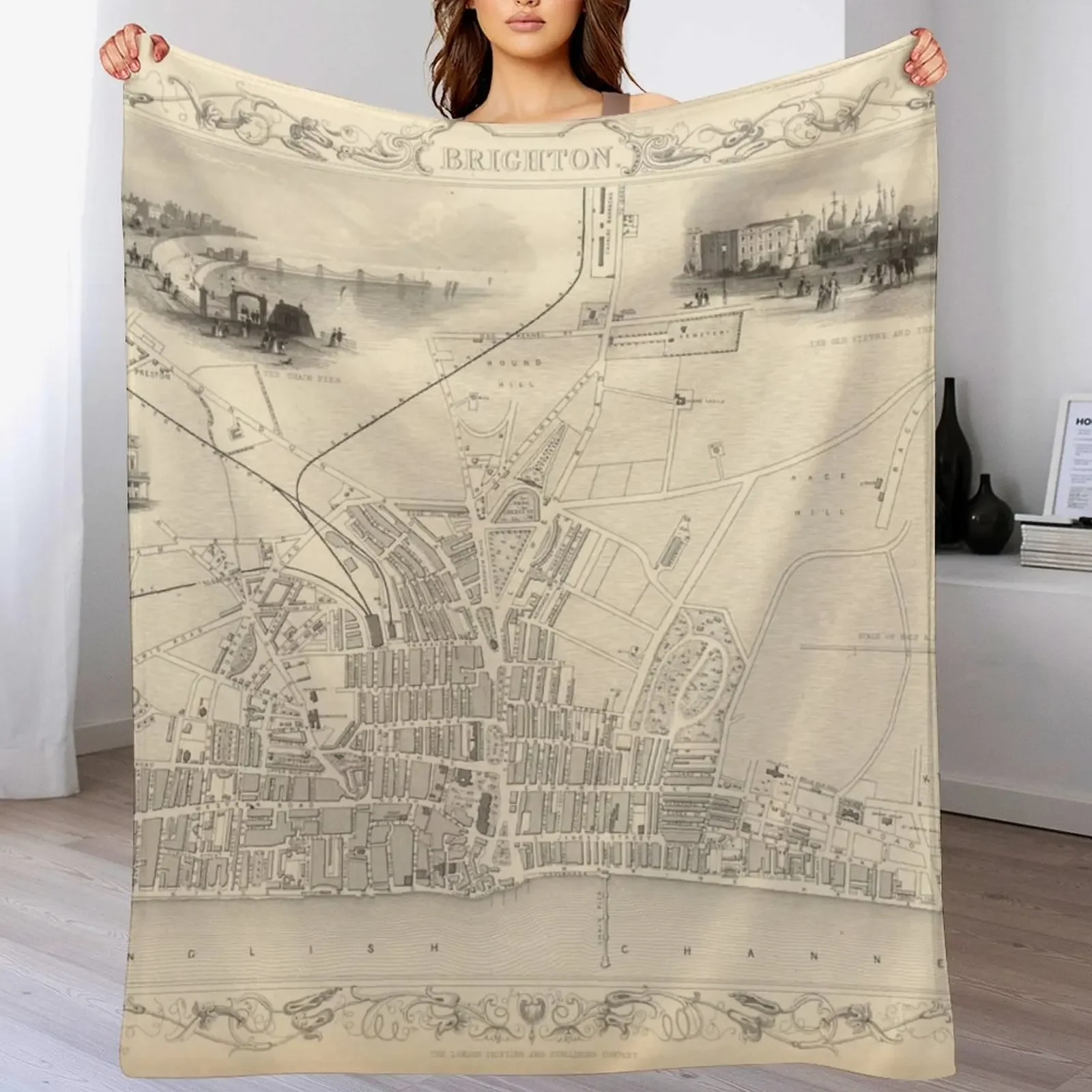 Old Brighton UK Map (1851) Vintage Southern England City Atlas Throw Blanket Luxurious Soft Blanket Holiday Gift for Family