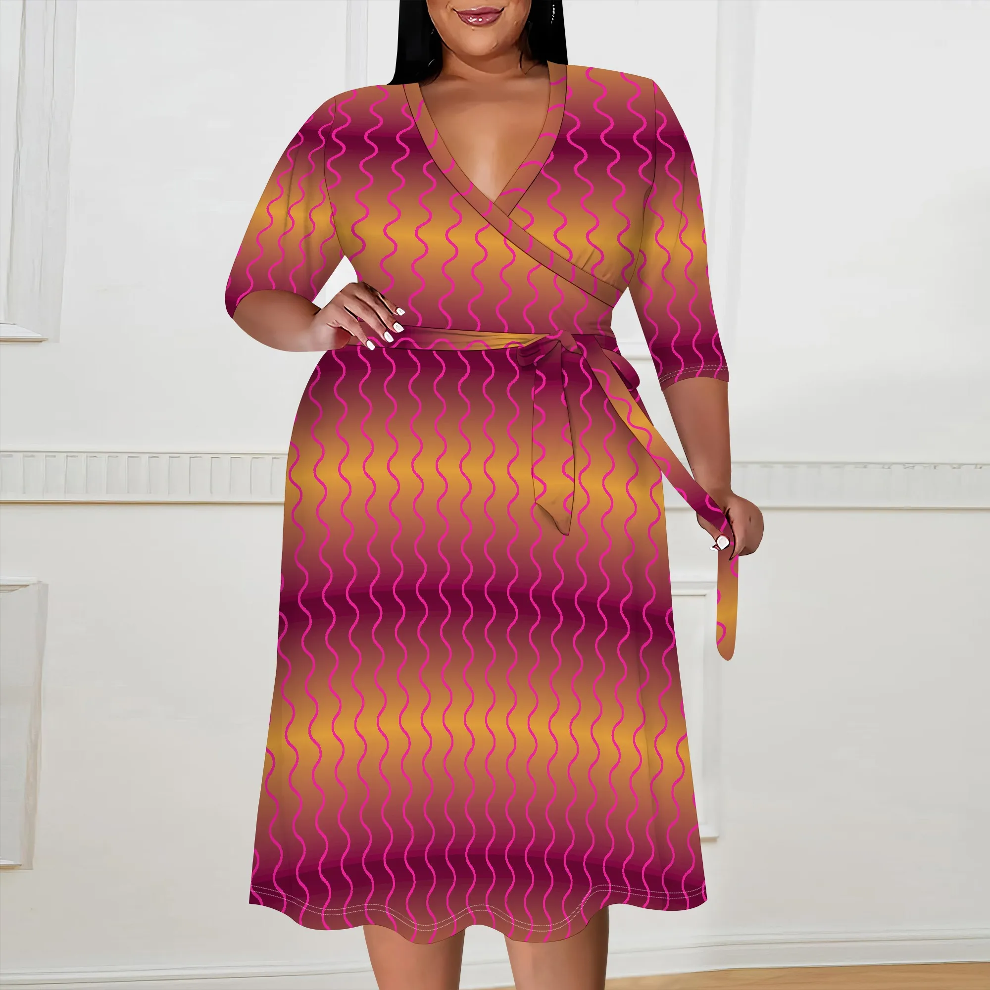 

Plus Size Women's Wrap Dress V-Neck Wave Print Belted A-Line Office Work Dress 3/4 Sleeve XL-6XL