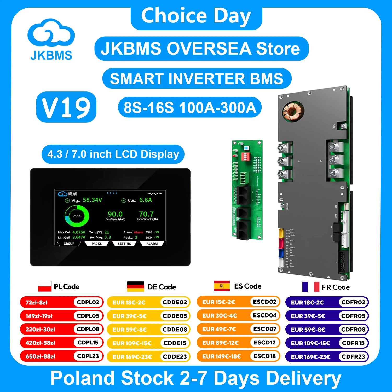 JIKONG V19 Wechselrichter BMS 8S-16S 24V 48V 100A 200A 300A für Li-Ion Lifepo4 LTO Batterie Haushalt Energie BMS Active Balancer 1A 2A