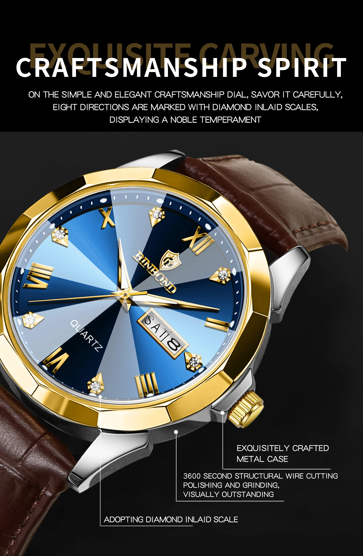 BINBOND Original Auto Date Week Display Men's Watch Reloj Hommes Leather Quartz Watches For Men Luxury Luminous Waterproof +Box