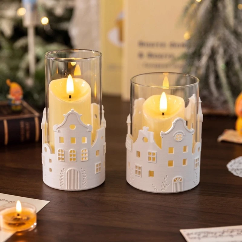 Nordic town candlestick ornament,glass scented candlestick,candlelight dinner electronic candles Christmas atmosphere prop decor