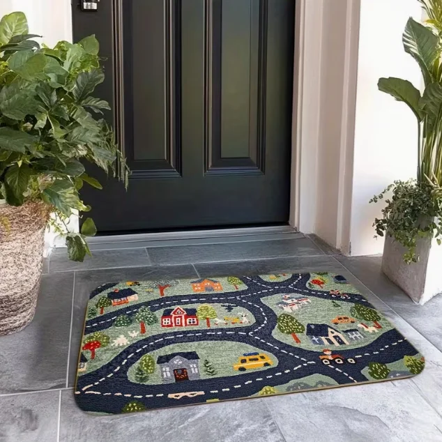 Machine Carpet Urban Transportation Theme Gray Yellow Green Main Color Road Architecture Living Room Coffee Table Floor Mats