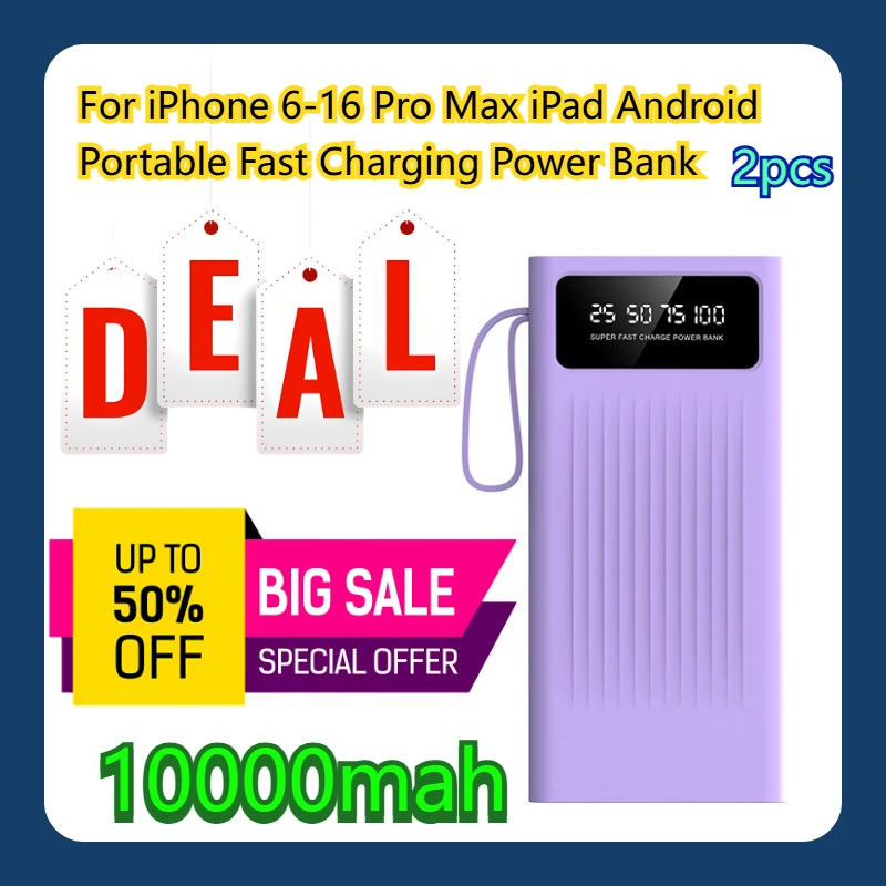 

For iPhone 6-16 Pro Max iPad Android 10000 Portable Fast Charging Power Bank 2pcs