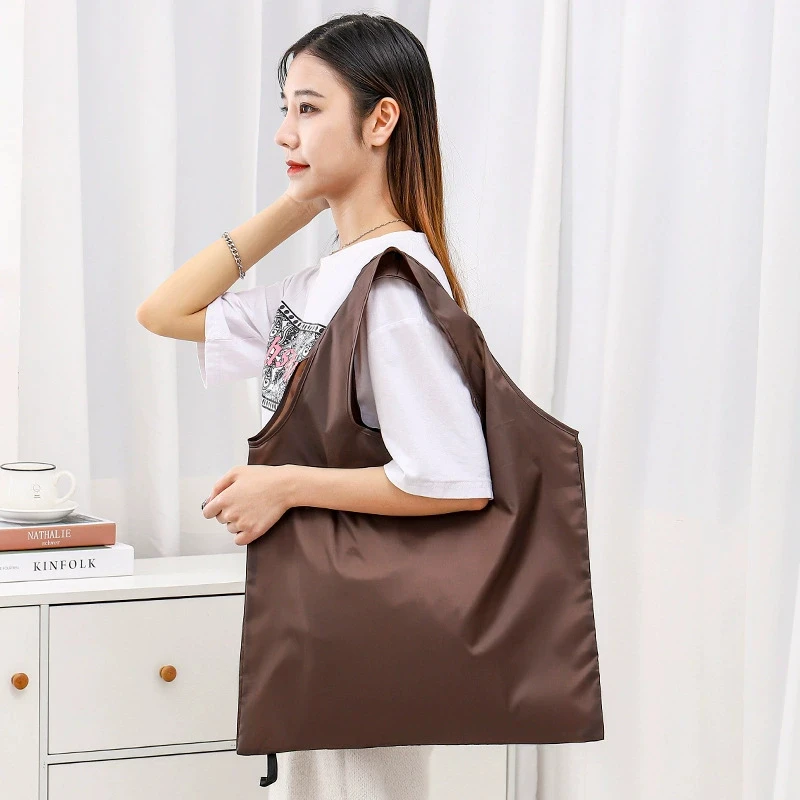 5 Stück Einkaufstasche, einfarbig, umweltfreundlich, faltbar, wiederverwendbar, tragbare Schultertasche aus Polyester für Reisen, Lebensmittel – Detail 3