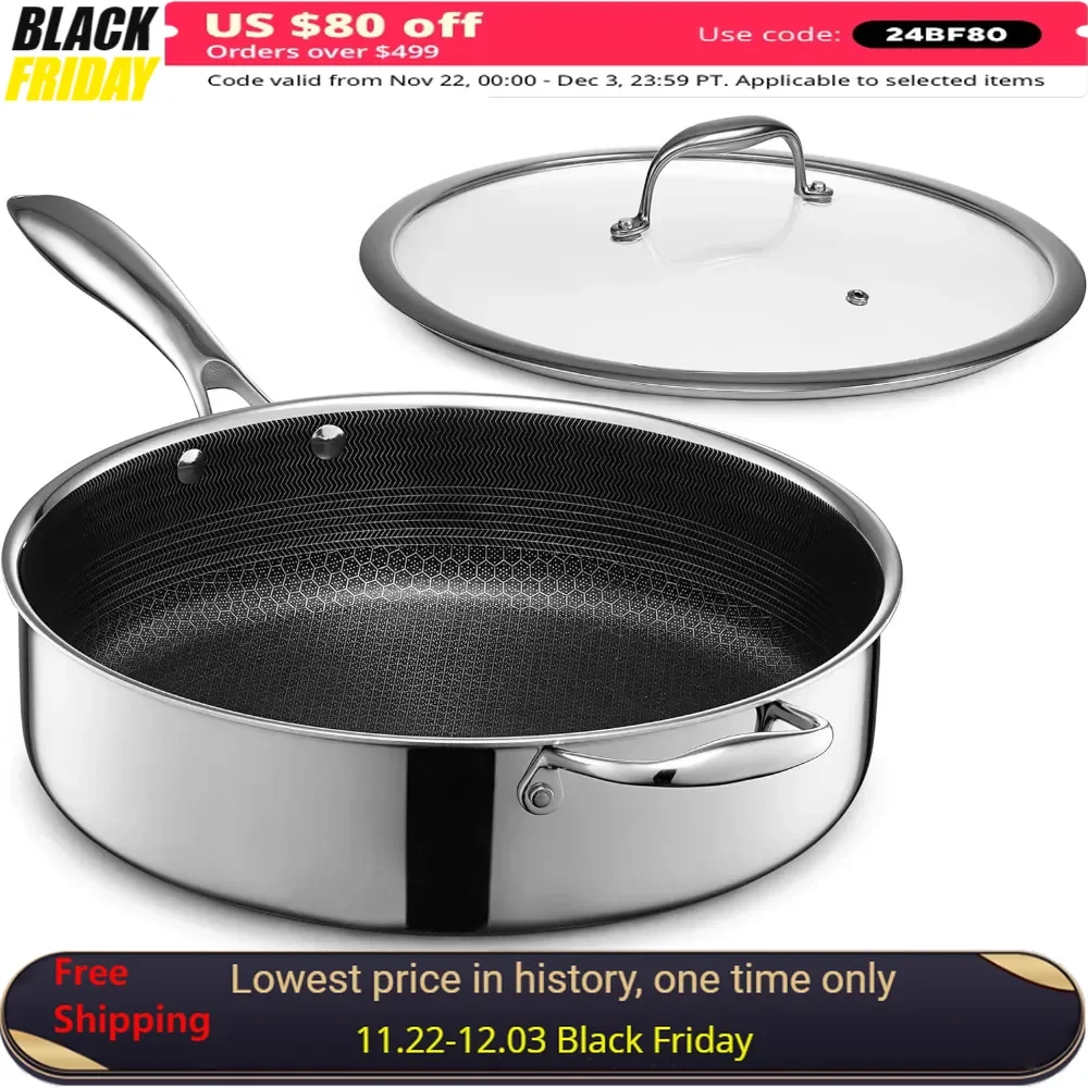 Hybrid Nonstick 5.5 Qt Deep Sauté Pan and Lid, Dishwasher and Oven-Safe, Compatible with All Cooktops