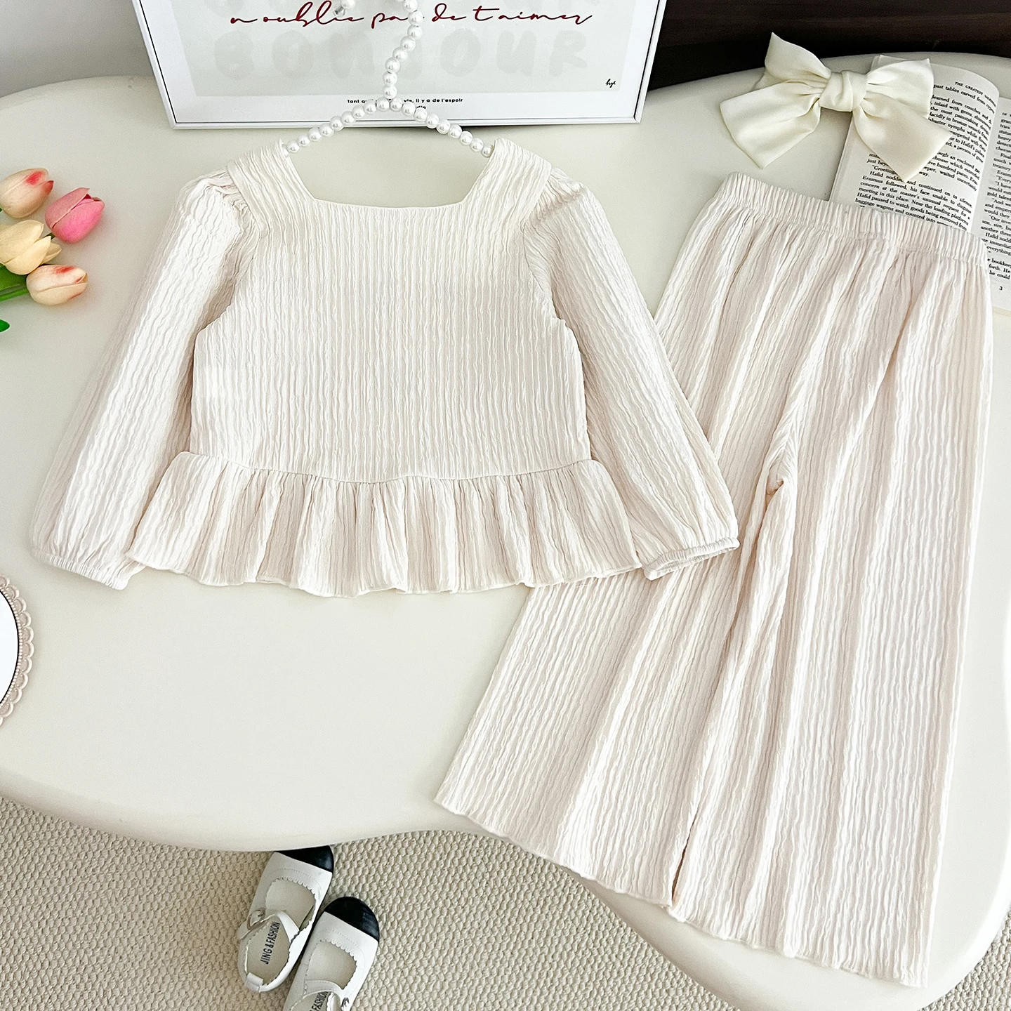 Girls Fashionable Casual Set Summer Strawberry Crochet Hem Pleated Long Sleeved Doll Shirt+Wide Leg Pants Children's Clothes