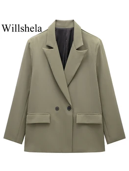 Women's Double-Breasted Blazer with Pockets 3 Willshela Women Fashion With Pockets Solid Double Breasted Blazer Vintage Long Sleeves Notched Neck Female Office Lady Outfits 3