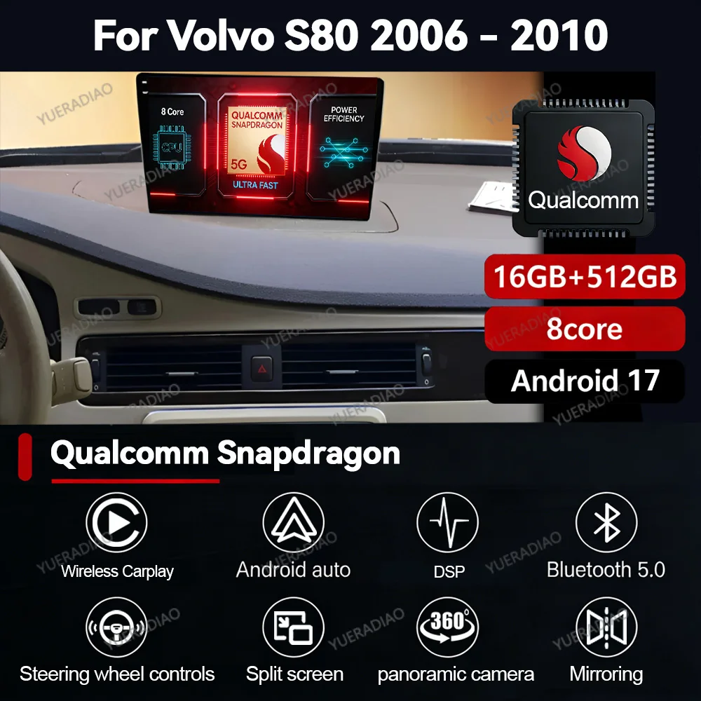 Radio para Auto Android 17 para VOLVO S80 S80L V70 2004 2005 2006 2007 2008 2009 2010 2011 Reproductor Multimedia Estéreo de Video GPS NAVI BT
