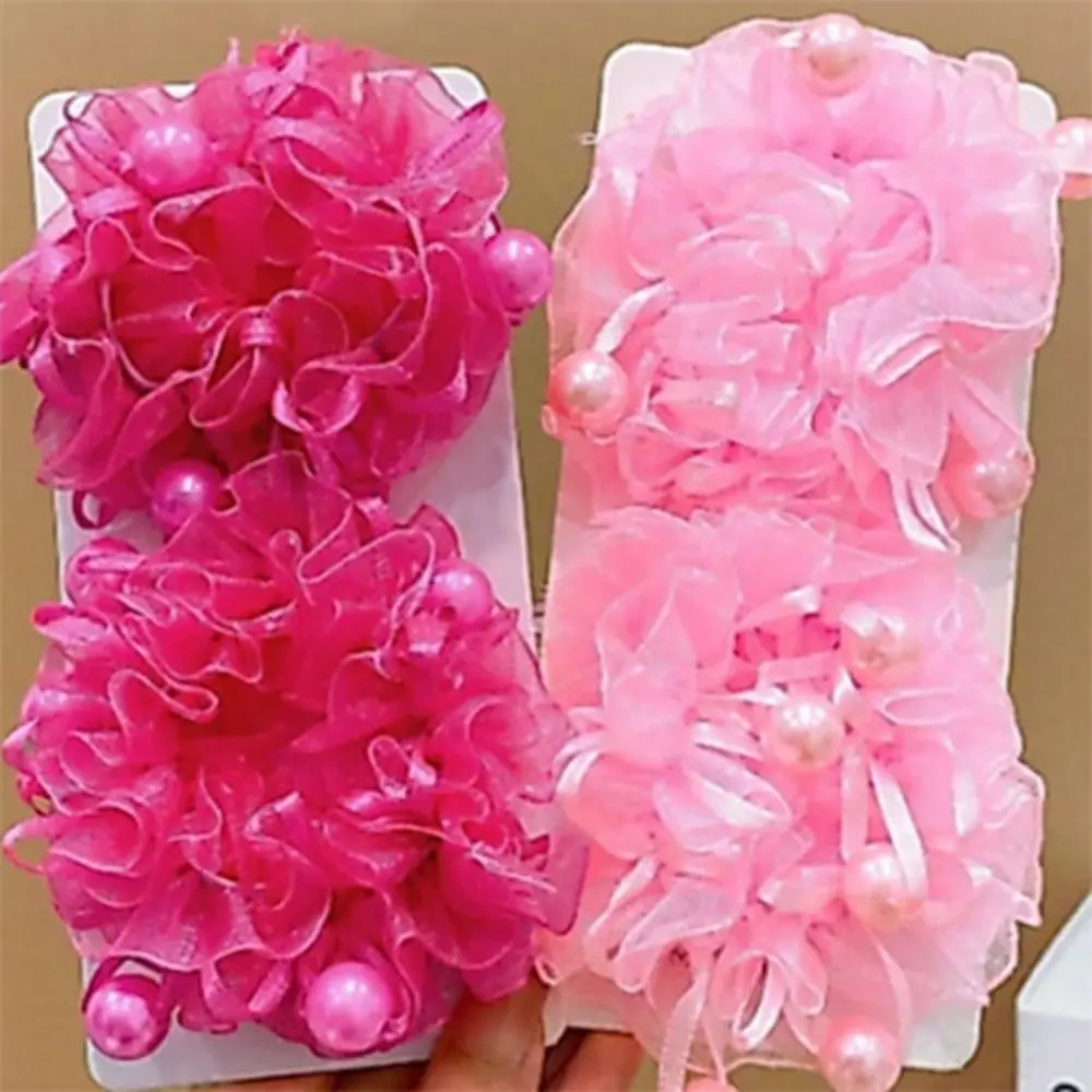 2Pcs Elastic Children Flower Pearl Hair Tie Colorful Hair Accessories Floral Scrunchie Ruffled Flower Hair Rope