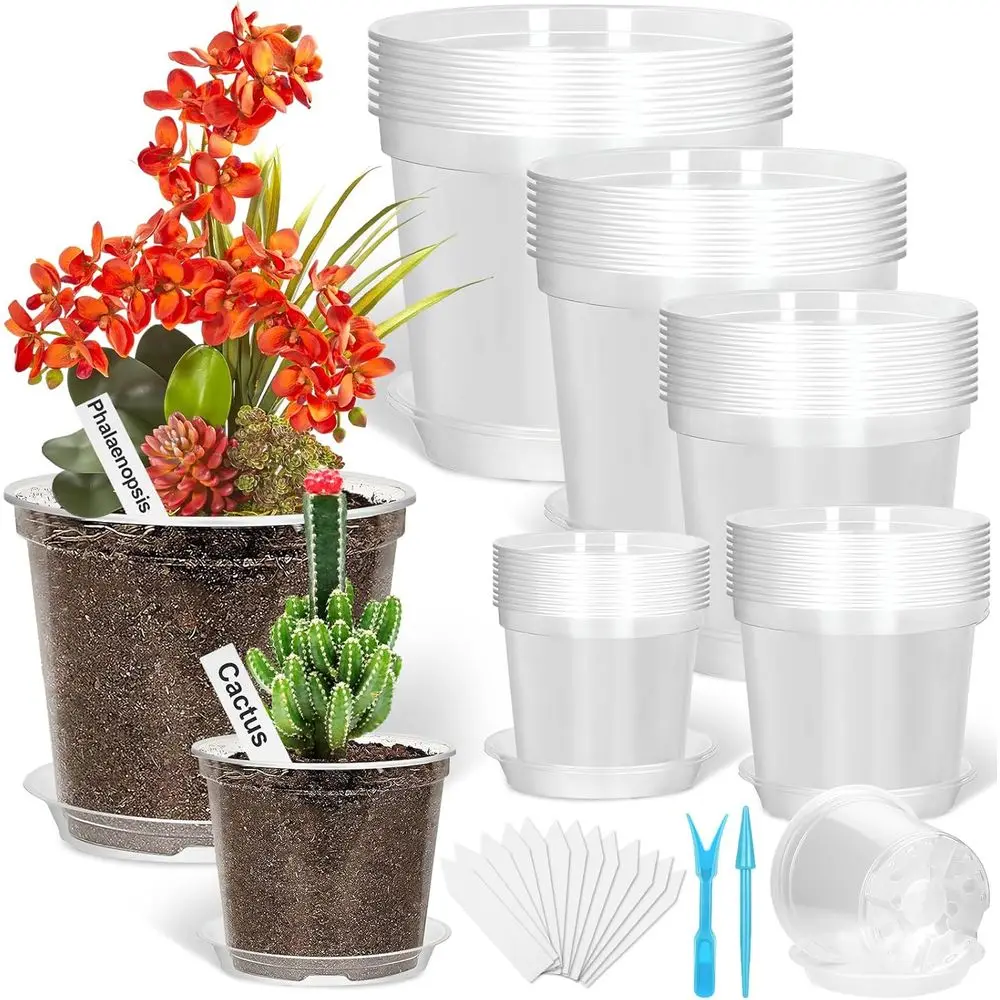 

Набор из 45 прозрачных пластиковых горшков для рассады с дренажом и поддонами, для выращивания растений в помещении и на улице, идеально подходит для H