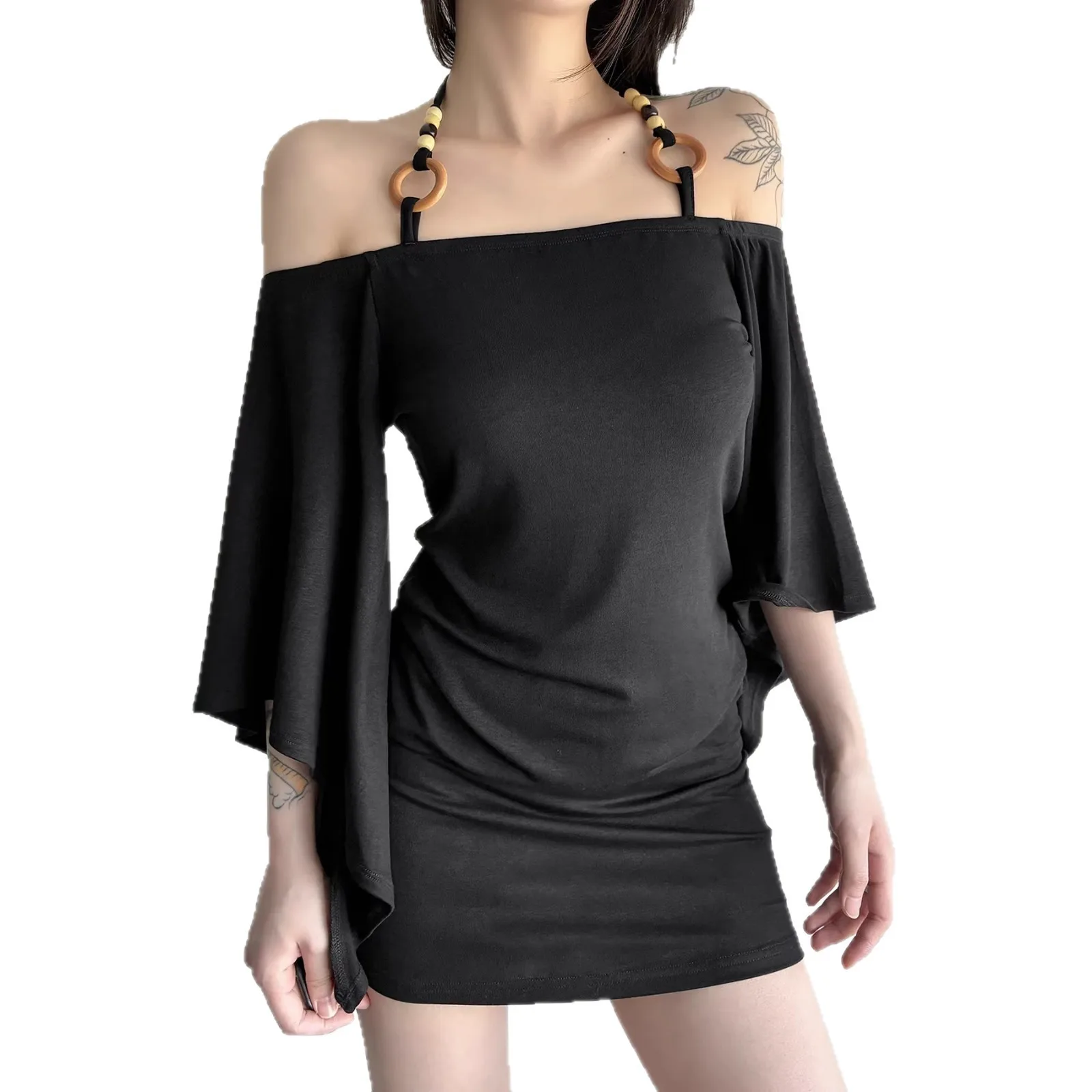 Women's Retro V Neck Bell Sleeve Blouse Slim Fit Striped Half Sleeve Off Shoulder Tie Beaded Y2k Women's T-shirts And Polos