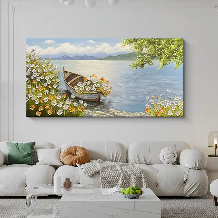 

Beautiful Mediterranean Scenery Canvas Wall Picture, Hand-painted Knife Thickness Lake Landscape Oil Painting, Decor Canvas Art