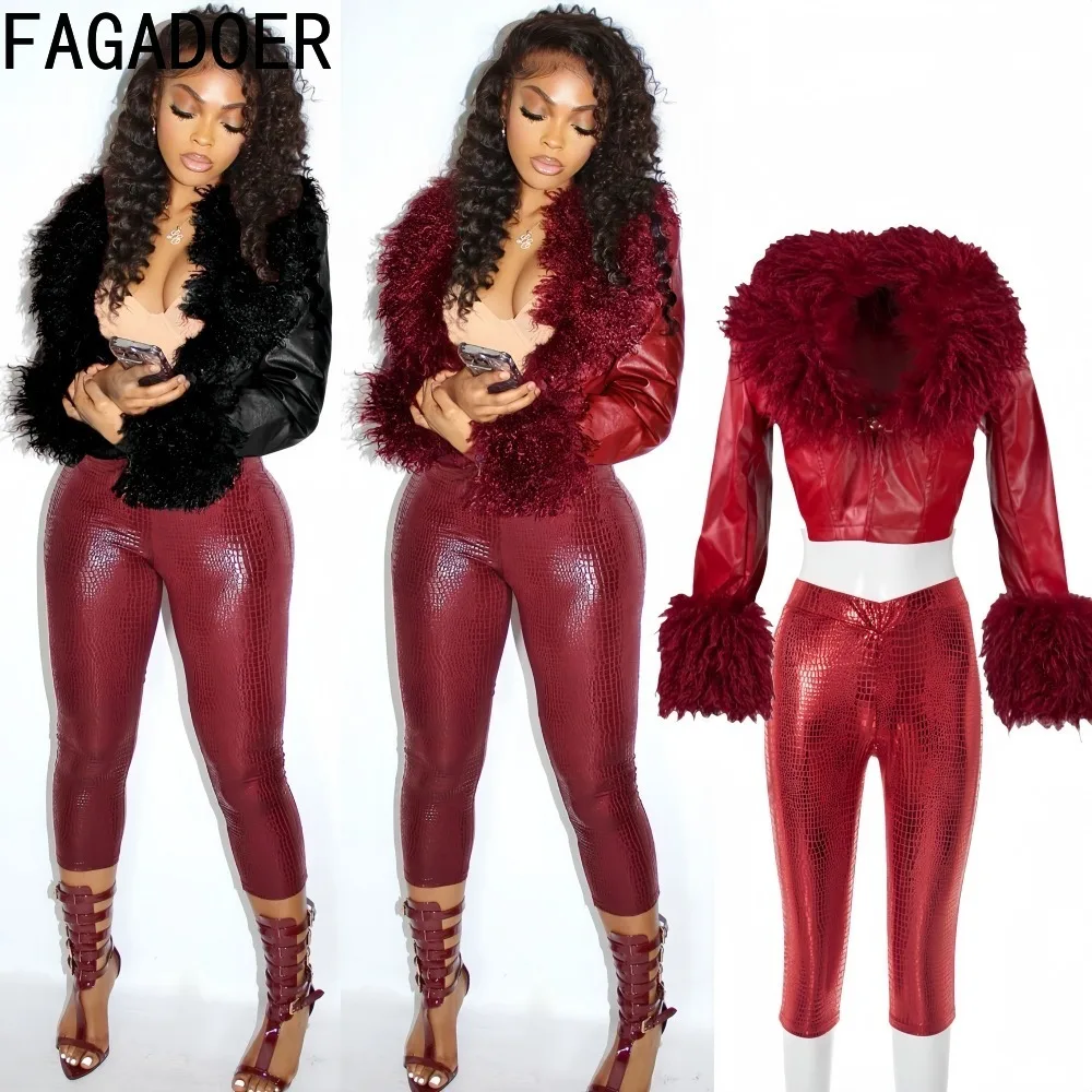 

FAGADOER Y2K Sexy Fur Patchwork Bodycon Two Piece Outfits Woman Solid Color Deep V-neck Long Sleeves Crop Top + Pants Streetwear