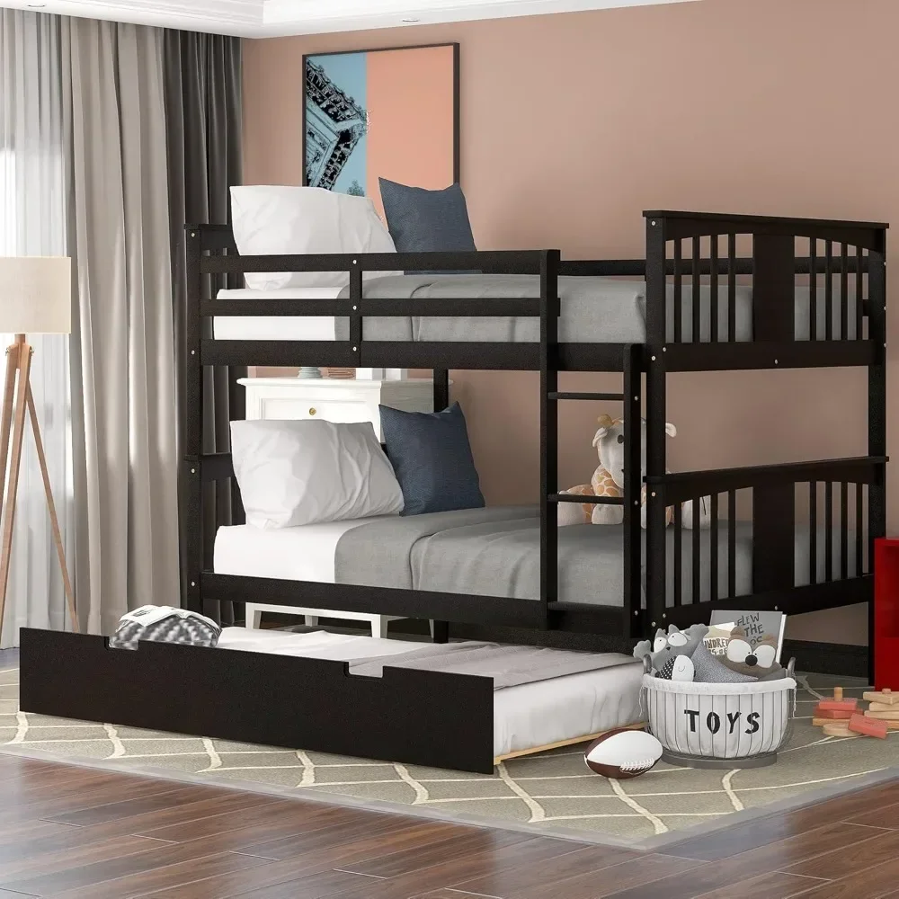 Bunk Bed,Wooden Full Bunks Beds with Twin Size Trundle and Ladder, Space Saving Design Bedroom Furniture ,Wood Bunk Bed Frame