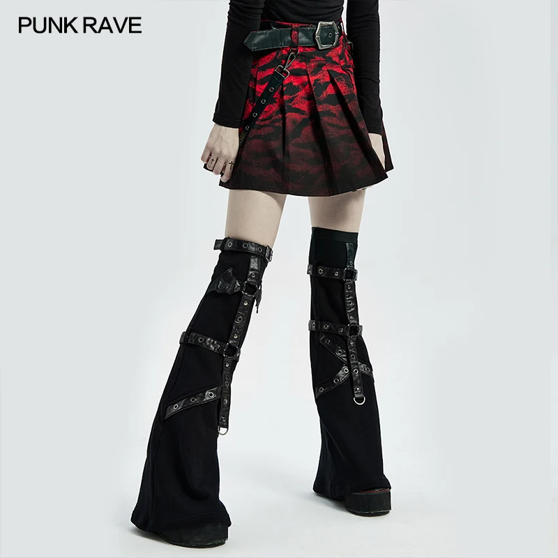 PUNK RAVE Women Punk Girls Flared Leg Sleeve Knitted Sweater Woven Flame Printed Knee  Little Bat Asymmetric Accessories