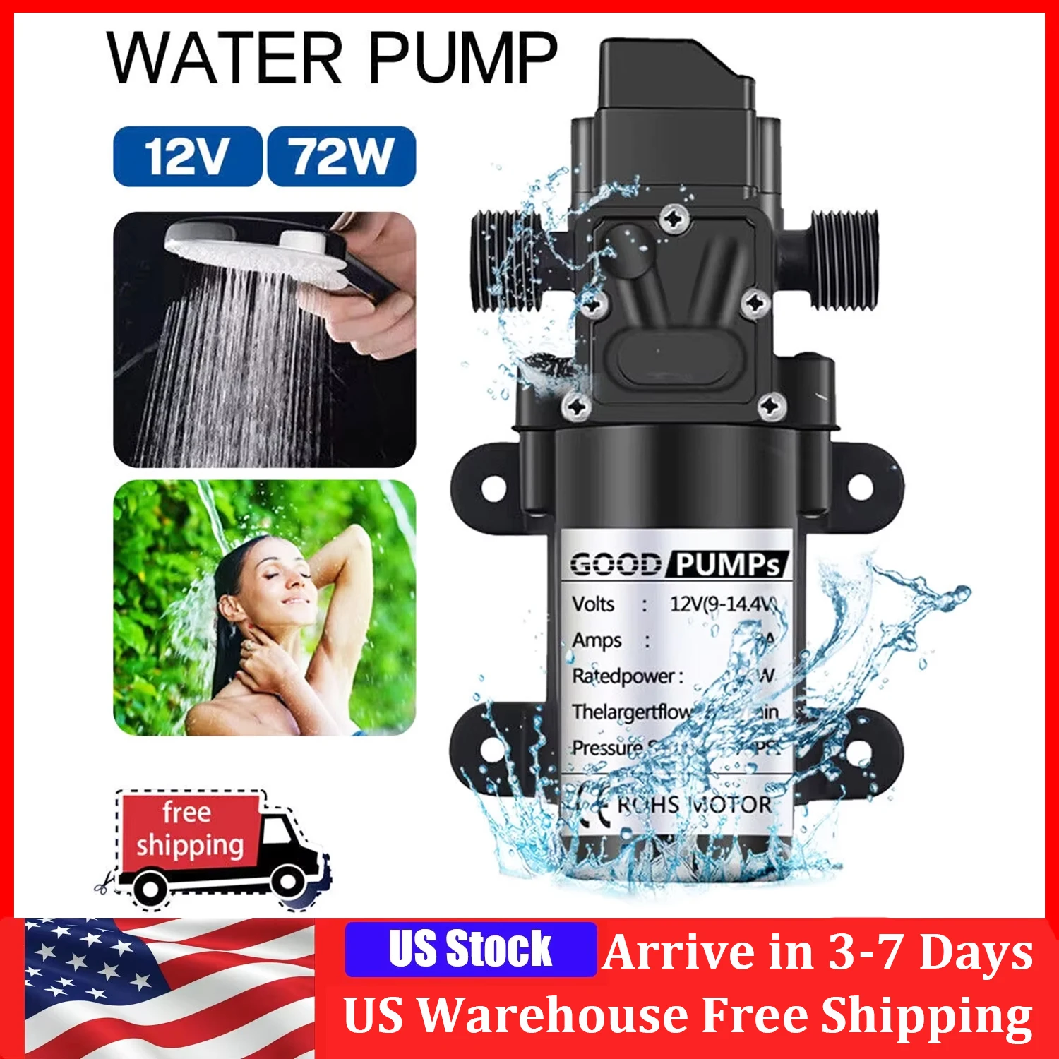 

70W DC 12V Water Pumps Micro Electric Diaphragm Reflux 130PSI Self Priming Pump Diaphragm High Pressure RV Auto Switch 1/2PCS