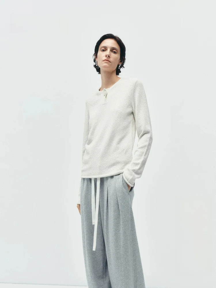 

Edition Autumn New Silk Long Sleeve Knitted Sweater Casual Style round Neck Short Length Pure Color Women's Premium Fashion