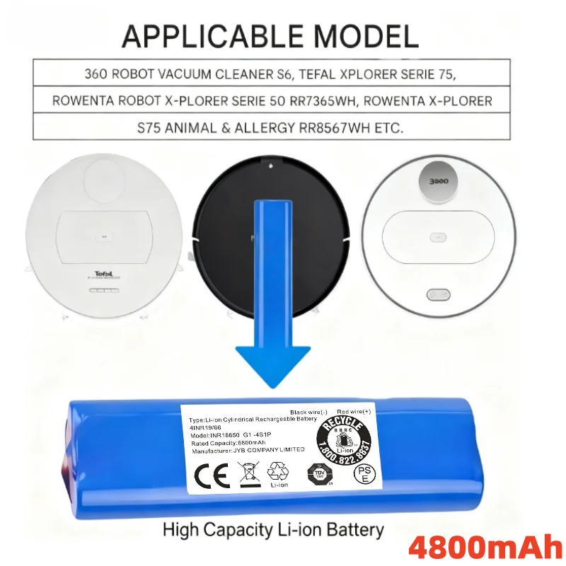 

D004-ICR-26HE-4S1P Сменный аккумулятор 14,8 В, 4800 мАч для робота-пылесоса Tefal, совместимый с моделью X-plorer Serie 75 360