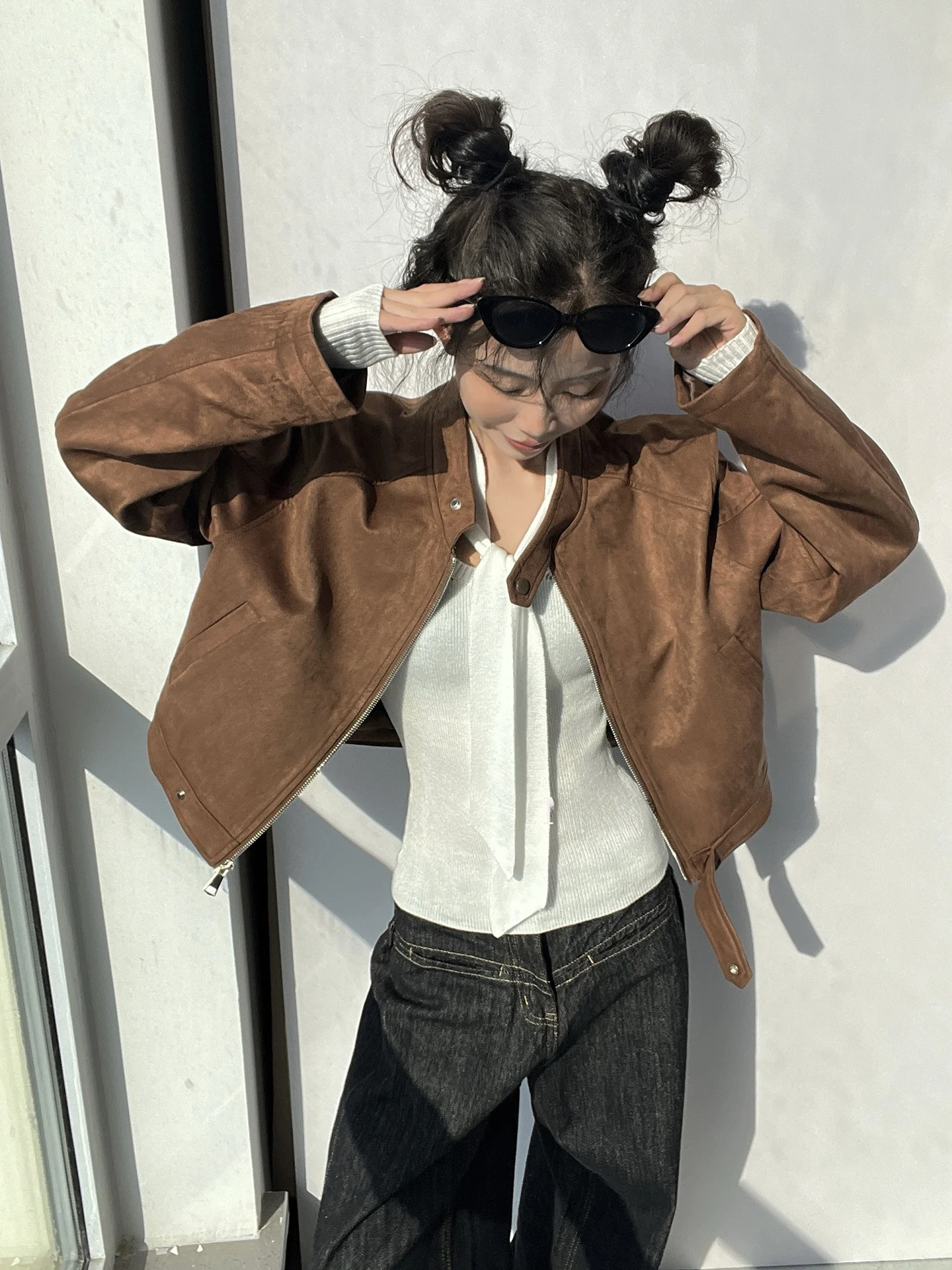 

British Style Short Suede Jacket Women's Loose Fit Stand Collar Autumn Winter New Style Outerwear Slimming Effect Daily Wear