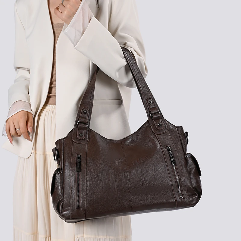 Damen Vintage PU-Leder Handtasche mit mehreren Reißverschlusstaschen, modische Schulter- und Umhängetasche für Arbeit, Alltag und Reisen – Detail 6