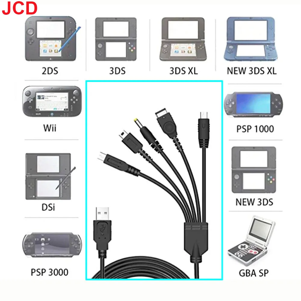 JCD 5 in 1 USB Charging Cable For NEW 3DS XL NDS Lite NDSI LL WII U Charger For GBA For PSP 1000/ 2000 3000 Gaming Cable