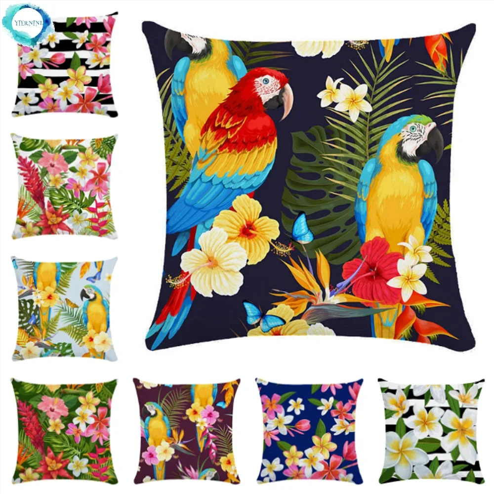 Colorful Parrot Flower Oil Painting Pattern Cushion Cover Sofa Decorative Pillow Cover Floral Pillowcase Home Decor 45X45CM