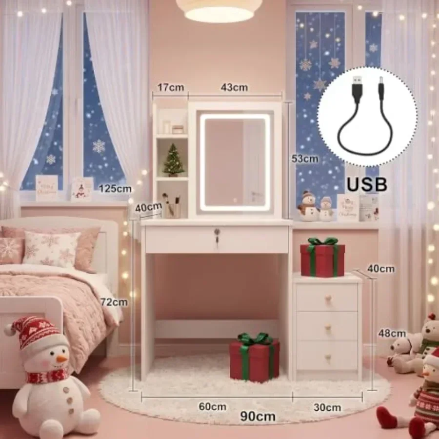 Vanity Desk with Mirror and Lights for Makeup Application, White MDF Material, Bright White Finish, Adjustable LED Lighting and