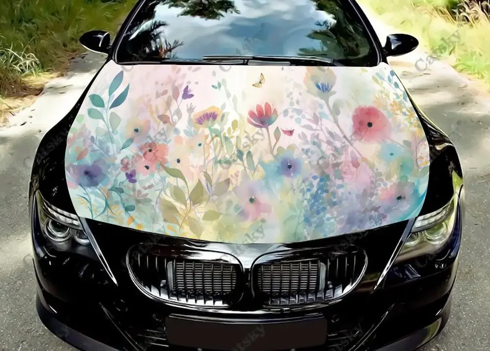 Painting of Field of Flowers Car Hood Vinyl Stickers Wrap Film Engine Cover Decals on Auto Accessories Decoration Protect Gift