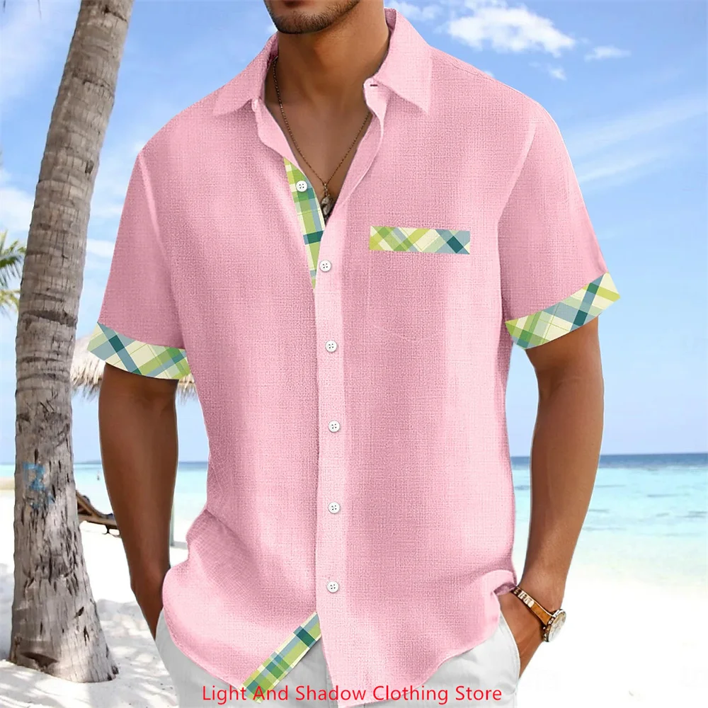 

Men's plus Size Hawaiian Short Sleeve Shirt Fashionable Linen Top with Collar Pocket Button Solid Color Splicing Print