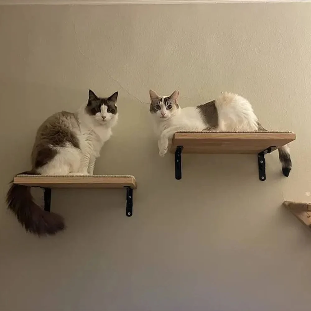 Wooden Wall Mounted Cat Climbing Shelves Cat House and Platform with Stairway for Kitten Playing and Sleeping Cat Accessories